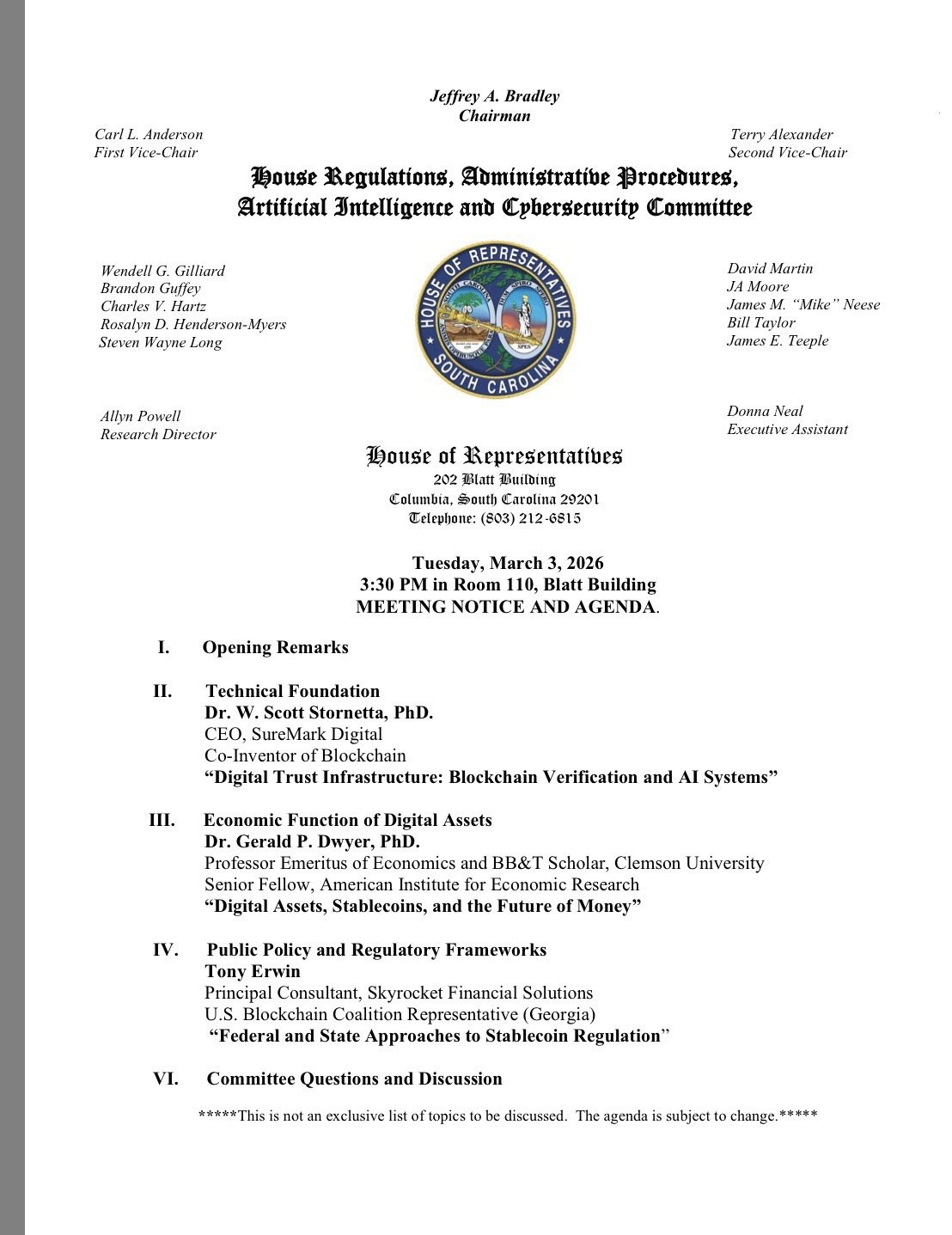 Tony Erwin listed on the official docket of the South Carolina House committee